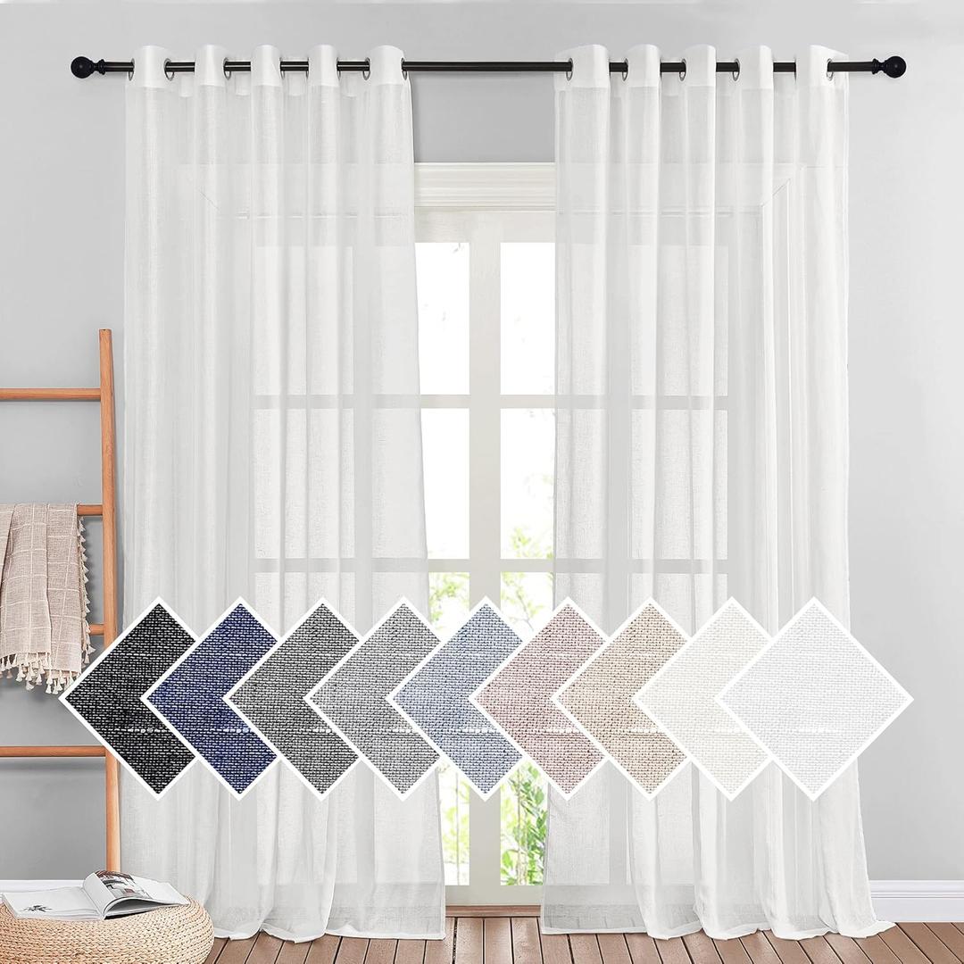 NICETOWN Privacy White Sheer Linen Curtains 96" L, Grommet Semi Sheer Linen Elegant Vertical Drapes with Light Filtering Window Treatments for Farmhouse/Porch, 140" W Total 2 Panels