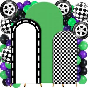 34 Pcs Arch Backdrop Covers Monster Truck Party Decorations 4ft 5ft 6ft Monster Truck Checkered Backdrop with Green Purple Black Balloon Backgrounds for Birthday Party Supplies