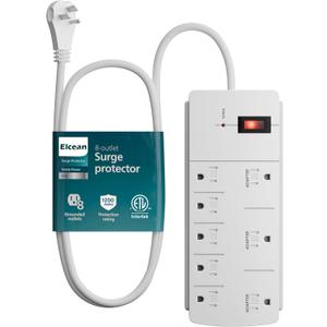 Elecan Surge Protector Power Strip with 8 Ft Extension Cord, 8 Widely Spaced Outlets with Safety Cover, 45 Degree Flat Plug Wall Mountable Multi Outlet Extender, Heavy Duty 14AWG, 1200J/125V,ETL-White
