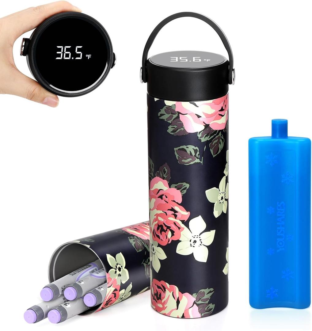 YOUSHARES Insulin Cooler Travel Case - 48H Verified Cooling with Temperature Display, TSA Approved Diabetic Medication Pen Vials Refrigerator with / Digital Temp Display, Portable for 17 Pens (C2_Blooming Roses)