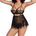 Cute mini skirt lace dress nightgown sexy lingerie for women rave naughty maid outfits see through suspender (Black, XL)