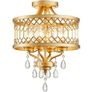 Crystal Ceiling Light Fixture, Farmhouse Semi Flush Mount Ceiling Light, Gold Crystal Chandeliers for Dining Room Light Fixture, Hallway Lighting Fixtures for Kitchen Bedroom Bathroom Foyer Entryway, 16" High 12.8" Wide