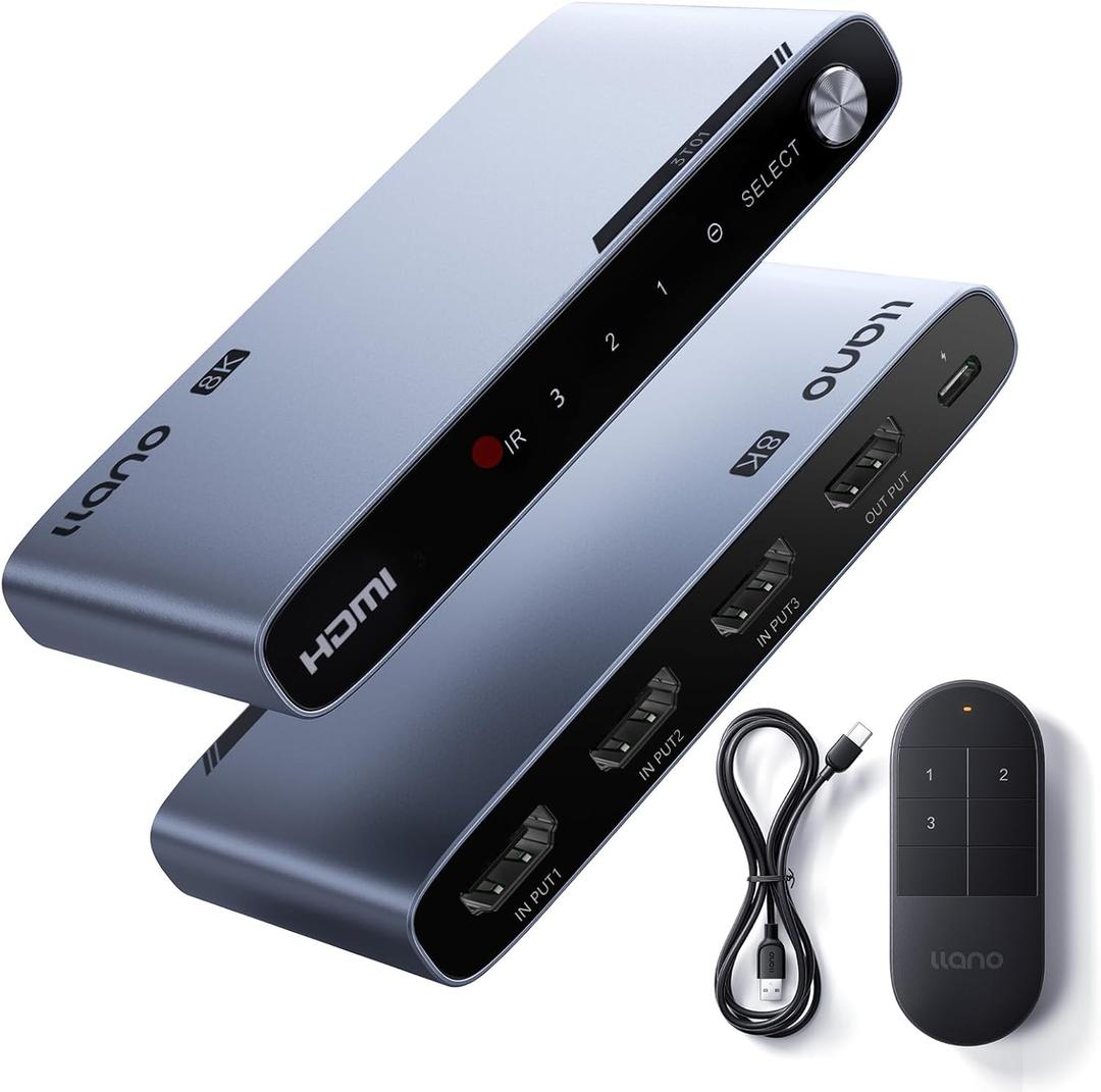 llano HDMI 2.1 Switch 3 in 1 Out, 8K@60Hz with Remote, 4K@120Hz/240Hz, VRR, HDR10+, Dolby Atmos, CEC, 48Gbps,HDMI Switcher for PS5, Xbox, Switch, Roku, Fire Stick, Apple TV, Aluminum Alloy Case