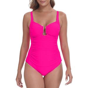 Itzel Women's Ruched Twist Front One Piece Swimsuit Tummy Control Push Up Vintage Retro Bathing Suits (Pink)
