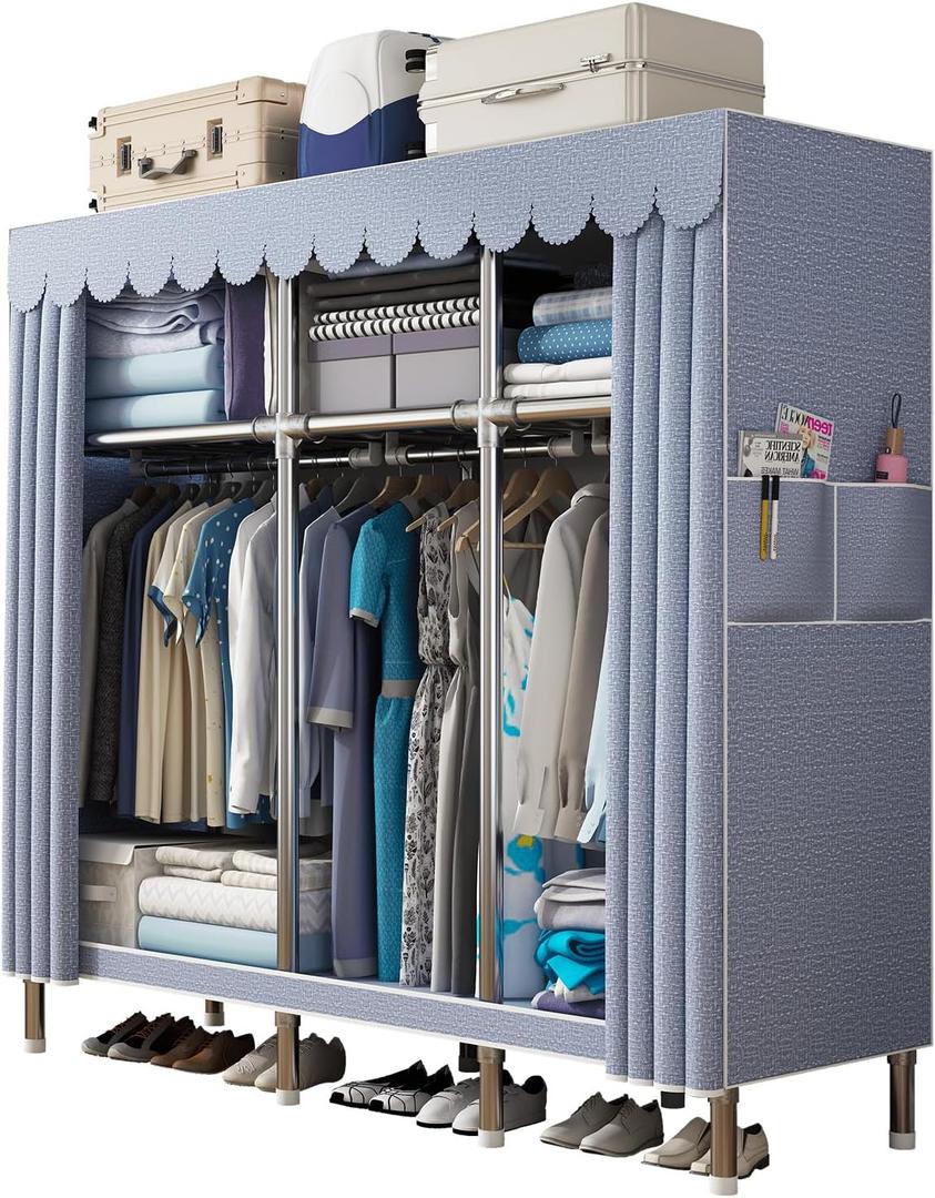 59Inch Portable Wardrobe Closet Storage Organizer for Bedroom, 23MM Thick Steel Hanging Rack with Polyester/Cotton Fabric Cover Moonlight Grey (150CM)