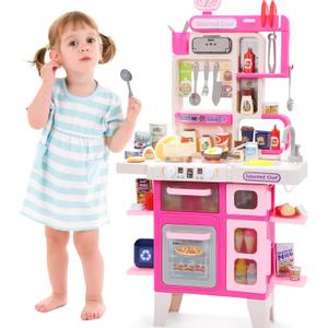 CUTE STONE Kids Kitchen Playset, Play Kitchen Set with Sound & Light, Cooking Stove with Steam, Toy Sink,Play Food Toy and Kitchen Accessories for Pretend Play, Kitchen Toy Set for Toddler Girls, Pink