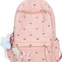 Women's Quilted Cute Aesthetic Backpack Bow Print Lightweight Puffer Laptop Book Bag for College Travel Daypack (Pink)