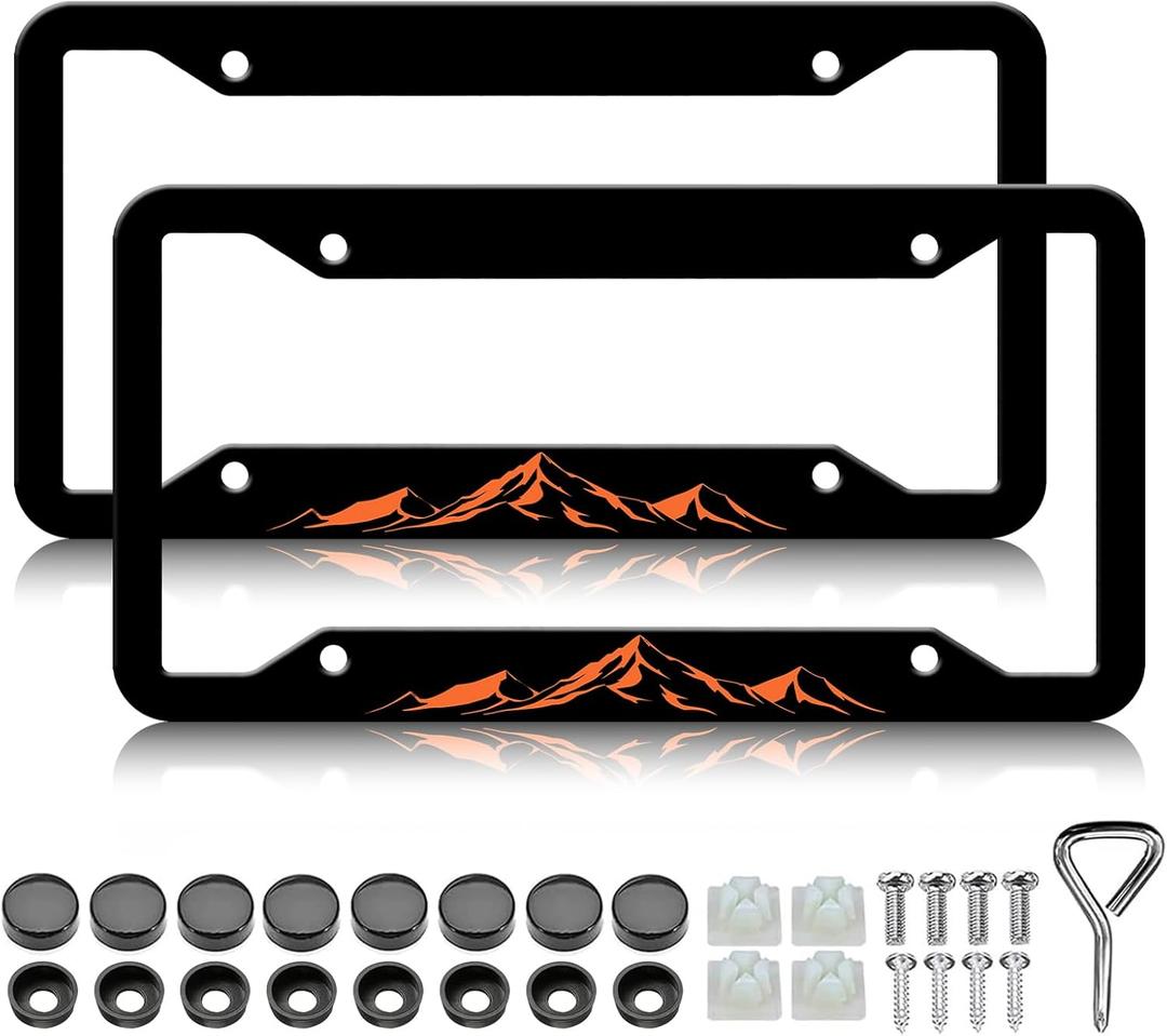 HCSS 2PCS Mountain License Plate Frames, Orange Mountains Raised Aluminum Metal License Plate Holder, Rust-Proof Waterproof Car Decorative Tag Frames for Standard US 12x6 Inch