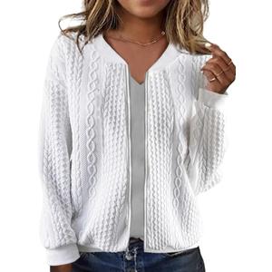 WROLEM Women's Zip Up Cardigan Sweater Cable Hoodies Long Sleeve Jacket Outfits Crewneck Casual Coat (White), Size S