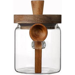 Coriario 13 OZ Glass Jar with Lid and Spoon Airtight Glass Candy Jars Wide Mouth Clear Glass Coffee Storage Canister Wooden Handle Lids for Food Sugar Cookie Tea Decorative