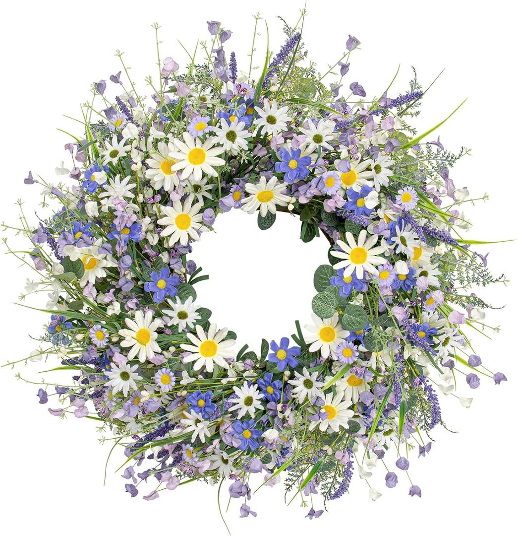 22 Inches Summer Wreaths for Front Door Blue Summer Door Wreath Spring Floral Wreath with Wildflower Lanvender for Wall Porch Indoors Outdoor Window Home Decorations