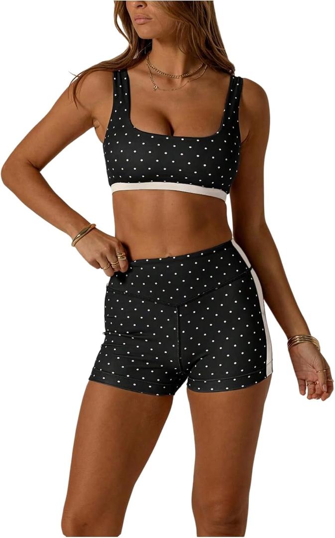 SOLY HUX Women's Tracksuit 2 Piece Outfits Polka Dots Crop Tank Tops and High Waisted Biker Shorts Workout Sets (Medium, Black and White)