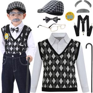 Old Man Costume for Boys 100th Day of School Kids Grandpa Old Person Outfit with Hat (Medium(8-10yr))