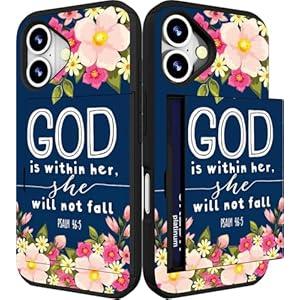 IWONE Compatible for iPhone 16 Plus Case Cute with Card Holder Shockproof Slim Slot Phone Wallet Cover for Women/ Bible Christian Verses Design Lyrics Religion Theme