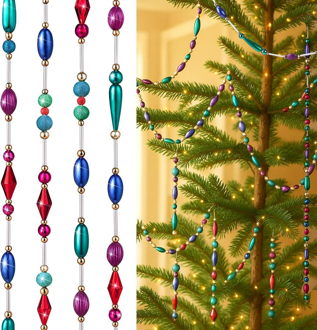 24 Feet Exquisite Christmas Tree Decor Acrylic Beads Xmas Tree Garland Multicolor Glitter Hanging Bead Decorations Garland for Trees Indoor Outdoor Home Decor Use(Retro Multicolor)