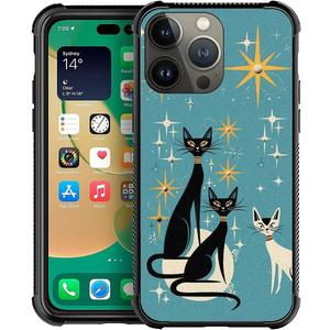 Phone Case Compatible with iPhone 14 Pro Max - Wireless Charging Compatible,S Mid Century Cat TPU Bumper and Hard PC Pattern Back Case