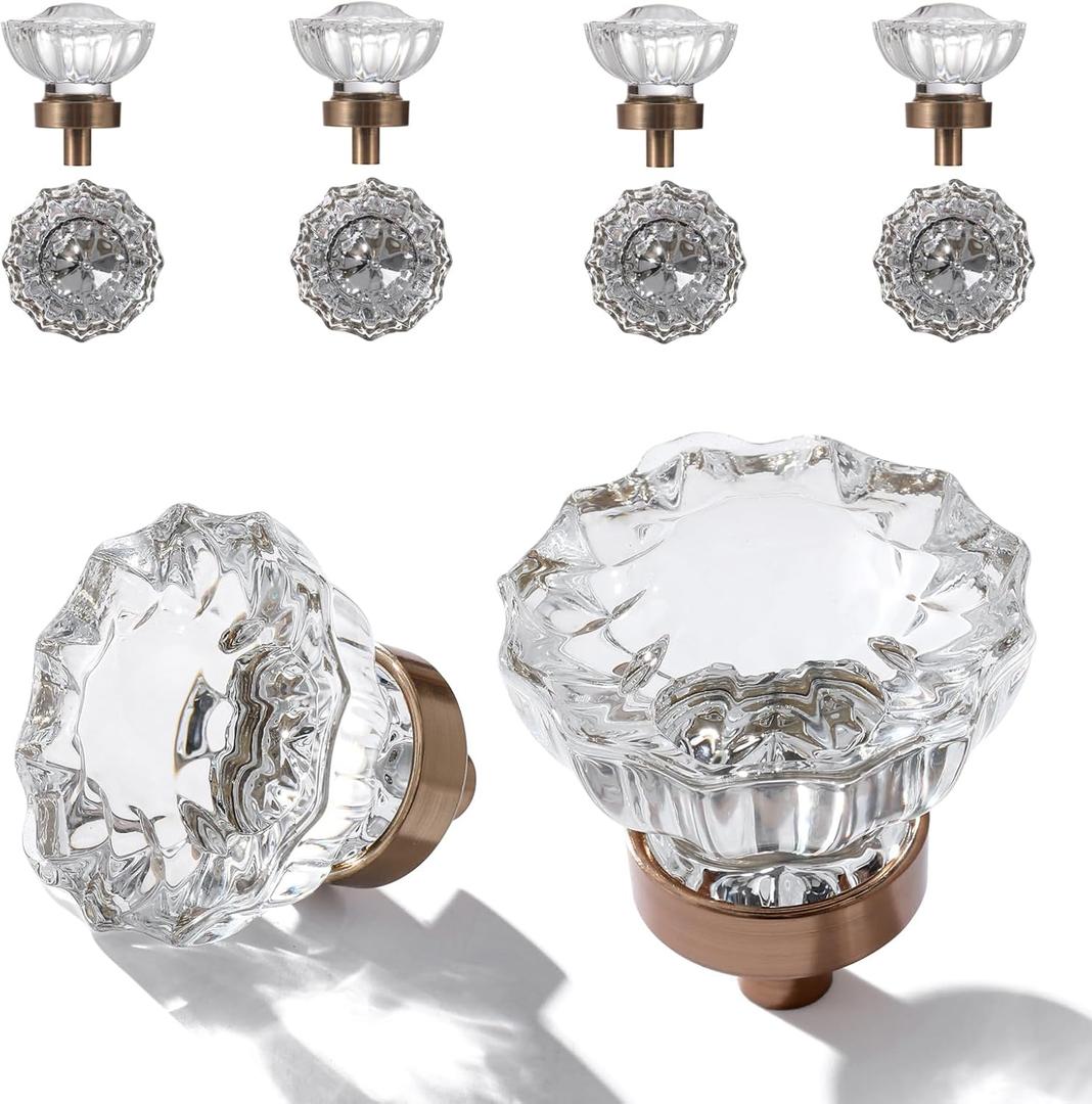 CEYMIO 8 Pack Crystal Drawer Knobs Cabinet Knob Antique Drawer Pulls, Kitchens Closet Dresser Drawers Cupboard Wardrobe Vintage Pull, Clear Crystals Champagne Bronze Base Pack