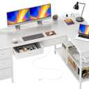 PRAISUN 55 Inch L Shaped Desk with Power Outlets, 5 Fabric Drawers