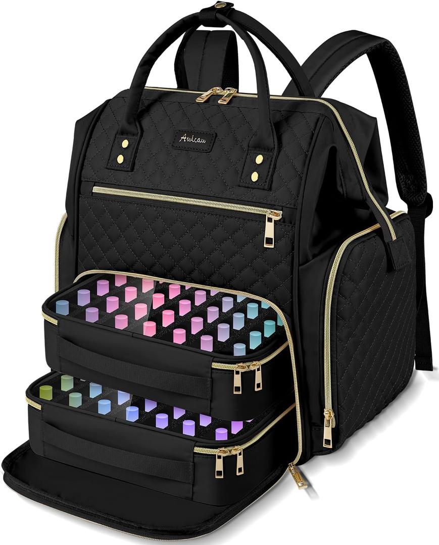 Large Nail Polish Organizer Bag Backpack Holds 70+ Bottles(15ml/0.5 fl.oz) UV Nail Lamp,Nail Organizers and Storage with 2 Removable Pouches Fits Nail Tool,Gift for ManicuristBlack