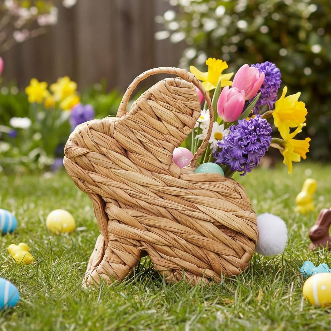 Chengu Wicker Easter Bunny Basket with Handle 9.8 x 8.7'' Handmade Bunny Rattan Woven Basket Cute Small Rabbit Picnic Hamper for Egg Hunt Candy Gifts Flower Fruit Organizer Table Decoration Storage