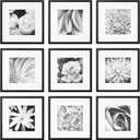 Gallery Perfect 12x12 Picture Frames, 9 Piece Set with Real Glass Cover for 8x8 Photos With Mat, Picture Frames Collage Wall Decor for Gallery Wall, Home Decor, Black