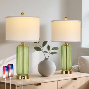 Table Lamps Set of 2 with Touch Control, 3-Way Dimmable Nightstand Lamp with Vertical Grained Glass, 27" Modern Glass Bedside Lamps with USB A+C Ports, Green Bedside Table Lamps, Desk Lamp for Bedroom