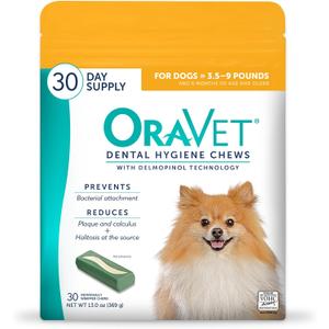 OraVet Dental Chews for Dogs, Oral Care and Hygiene Chews (Extra Small Dogs, 3.5-9 lbs.) Yellow Pouch, 30 Count (EXP 04/19/26)