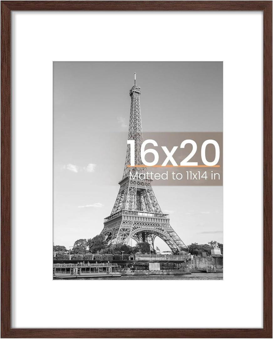 upsimples 16x20 Picture Frame, Display Pictures 11x14 with Mat or 16 x 20 Without, Wall Hanging Poster Frame, Brown, 1 Pack