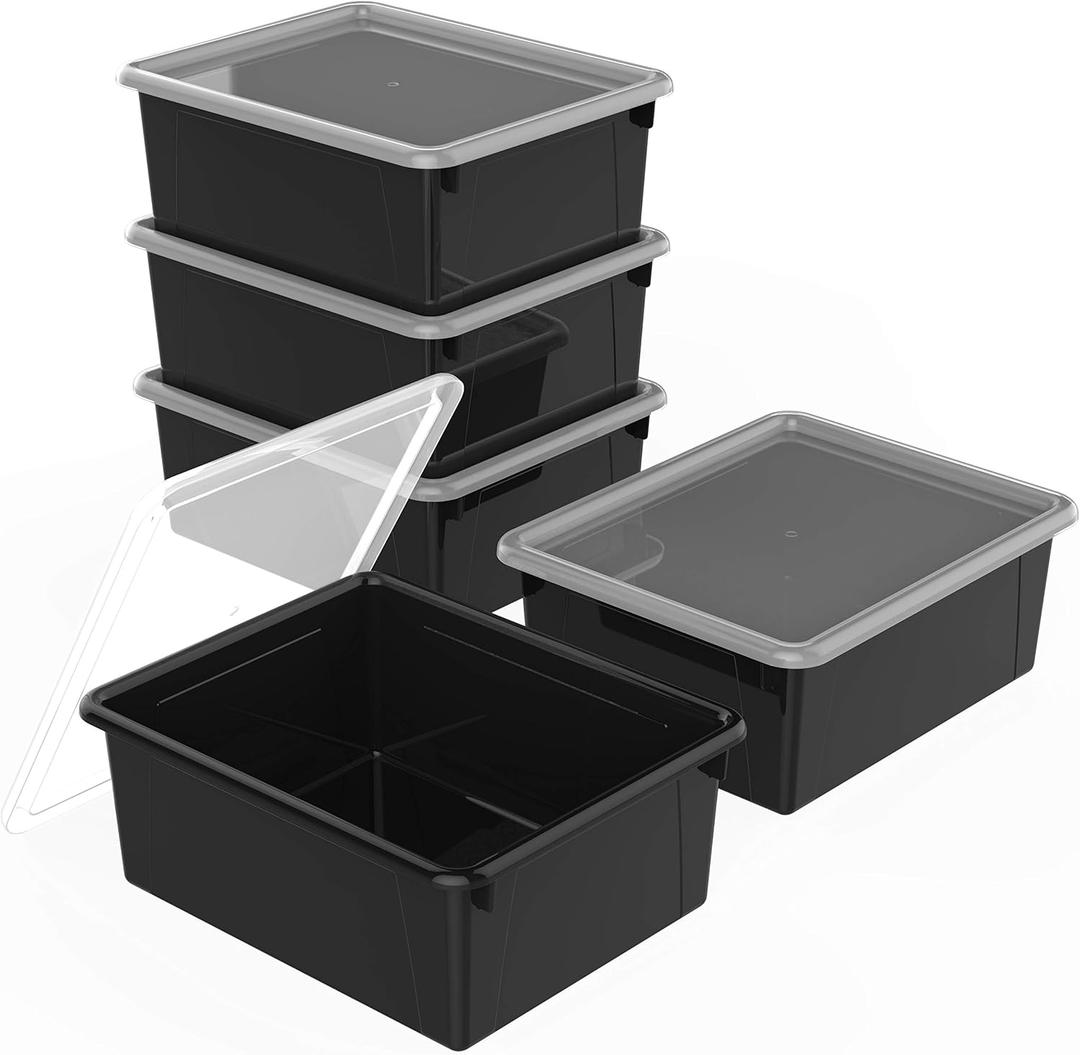 Storex Letter Size Deep Storage Tray  Organizer Bin with Non-Snap Lid for Classroom, Office and Home, Black, 5-Pack (62543U05C)