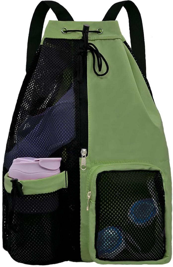Mesh Beach Backpack with Wet Pocket Drawstring Pool Bag Waterproof Swimming Bag Gym Backpack for Men & Women (Green)