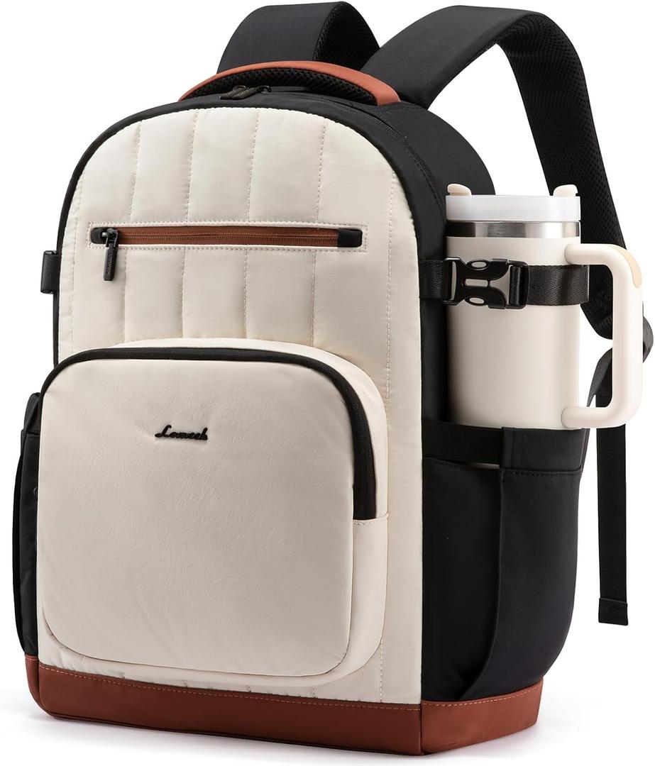 LOVEVOOK Laptop Backpack Women with Pouch Pocket for Large Capacity Cup, 15.6 Inch Lightweight Puffer Computer Laptop Bag Travel Backpack Purse for Work College Teacher Personal Item, Black-White-Brown