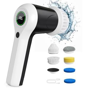 PUFTEM Electric Spin Scrubber, Cordless Shower Scrubber with Battery Level Display, 2 Speeds Electric Scrubber for Cleaning with 6 Replaceable Heads, Cleaning Brush for Bathroom/Sink/Window