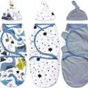 SEZUO Boys Swaddle Set, Large, 3pcs Wrap Blankets with 3pcs Baby Cotton Caps,3-6 Months (Doodle Dinosaur)
