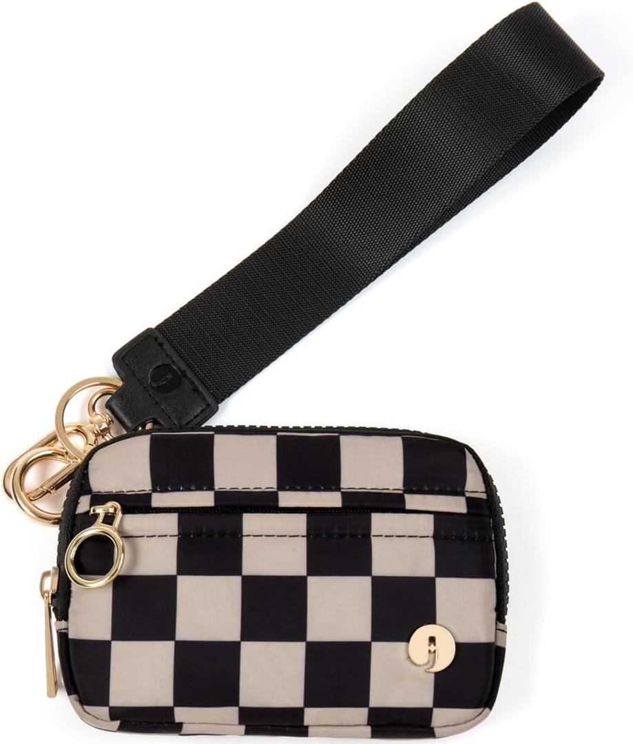 Wristlet Keychain Wallets for Women RFID Blocking Credit Card Holder Small Zipper Coin Purse Change Pouch with ID Window and Detachable Wrist Strap Khaki Black Checkered