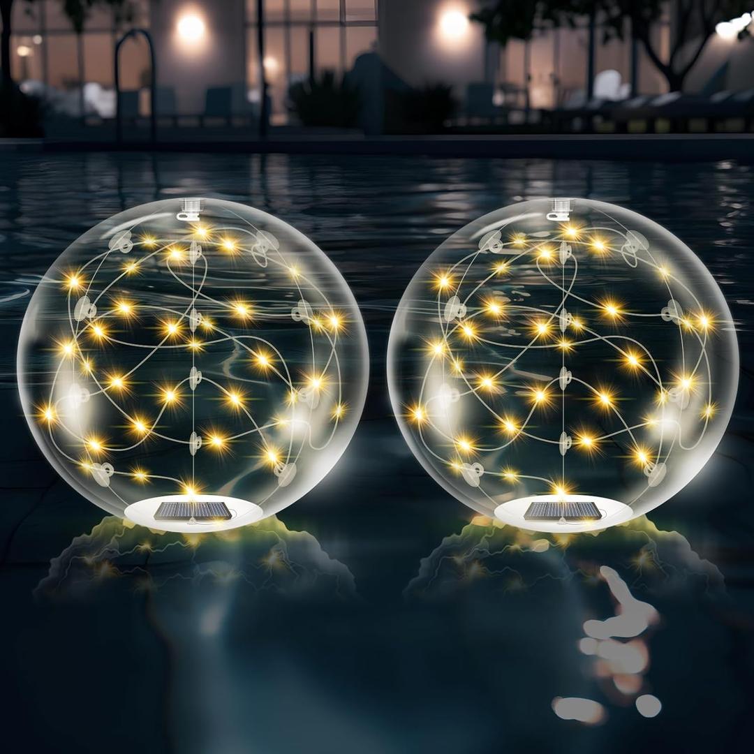 Floating Pool Lights Solar Powered,14 Inch 3000K Warm White Inflatable Glow in The Dark Balls,IP68 Waterproof Led Light up for Inground Pool,Christmas Decorations Outdoor Ornaments (2 Pack)