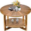 Coffee Tables for Living Room, Small Round Coffee Table with Storage, Mid Century Modern Solid Wood Coffee Table, Rustic Wooden Circle Center Table Living Room Furniture, Brown Tea Table