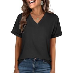 ANRABESS Womens T Shirts Short Sleeve V Neck Shirts Summer Loose Fit Dressy Tops Business Casual Blouses 2026 Basic Tees (Black, L)
