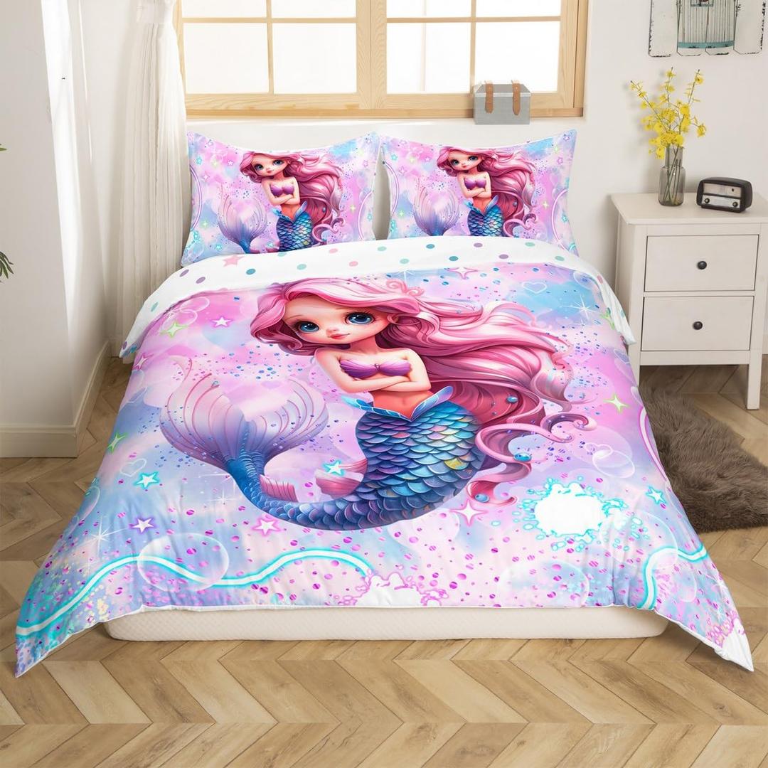 Mermaid Reversible Duvet Cover Full Size,Colorful Stars Sky Comforter Cover,Fish Scales Decorative Bedding Cute Animals Quilt Cover Rainbow Glitter Bedding Sets Kawaii Bedspreads Cover for Kids Girls