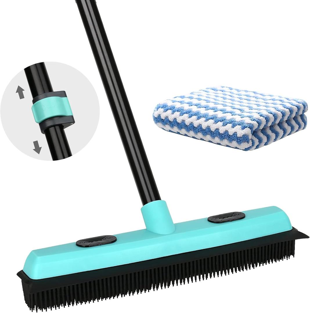 Rubber Broom Carpet Rake for Pet Hair Removal, Fur Remover Broom with 59" Telescoping Long Handle, Pet Hair Broom with Squeegee for Carpet, Hardwood Floor, Tile (Elegant Blue Rubber Broom)