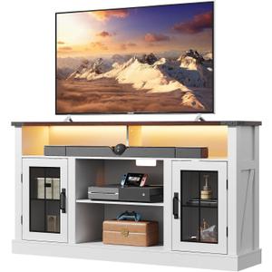 WLIVE Farmhouse TV Stand for 65 Inch TV, Tall Entertainment Center with LED Lights, Mid Century Modern TV Console wirh Open Shelves and Glass Cabinet Doors for Living Room and Bedroom, White