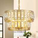 16" Gold Crystal Chandelier 4-Light Modern Round Glass Pendant Ceiling Light Fixture 2-Tier Luxury K9 Crystal Chandeliers for Dining Room, Kitchen Island, Living Room Bedroom