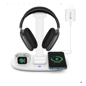 Headphone Stand with 15w Wireless Charger, Suguder 4 in 1 Charging Station Headset Holder for AirPods Max/Pro/4/3/2 iWatch 10/9/8/7/6/5/4/3/2/1/SE iPhone 17/16/15/14/13/12/11/X for Desktop Table Game
