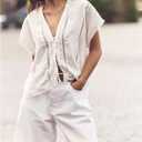Women Y2k Sheer Lace Trim Button Up Tank Tops Cute Front Tie Up V Neck Going Out Blouse Shirts Vest Summer (White, L)
