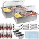 Lanstics 2PCS Pizza Topping Station 10 Pans Stainless Steel Spice Organizer Salad Bar Buffet Station with Spoons Ice Boxes Buffet Containers Set for Sauce Jam Ingredient Kitchen Restaurant Pantry