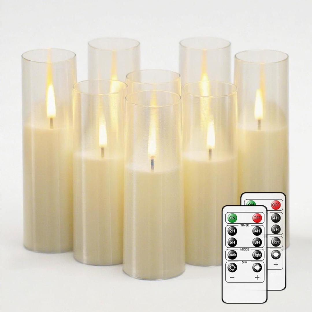 8Pcs Flameless Candles, Battery Operated Candles, LED Flickering Candles with Remote, Realistic Dancing Flame, Acrylic Design for Home Holiday Wedding, Party D2.2 (Ivory)