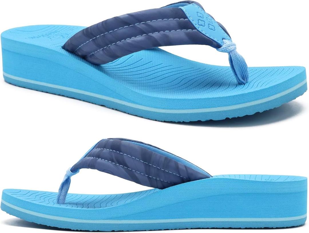 COFACE Womens Flip Flops with Arch Support Ladies Fashion Lightweight Wedge Flip Flops Comfortable Yoga Mat Sole Summer Platform Thong Sandals (Blue)