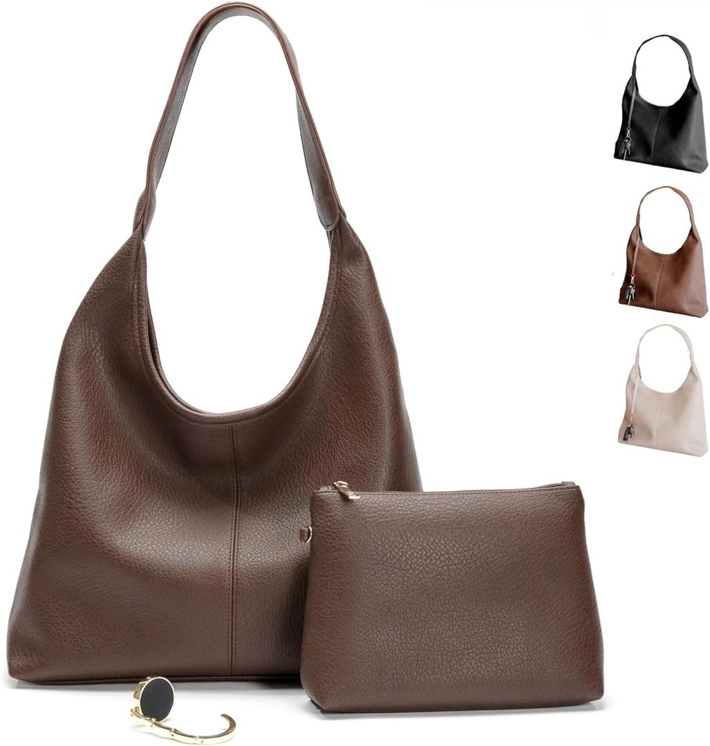 Cee & Dee Vegan Leather Hobo Bag, Slouchy Style with Shoulder Strap, Zippered Compartments, Table Purse Holder, Cosmetics Bag (Espresso Mocha)