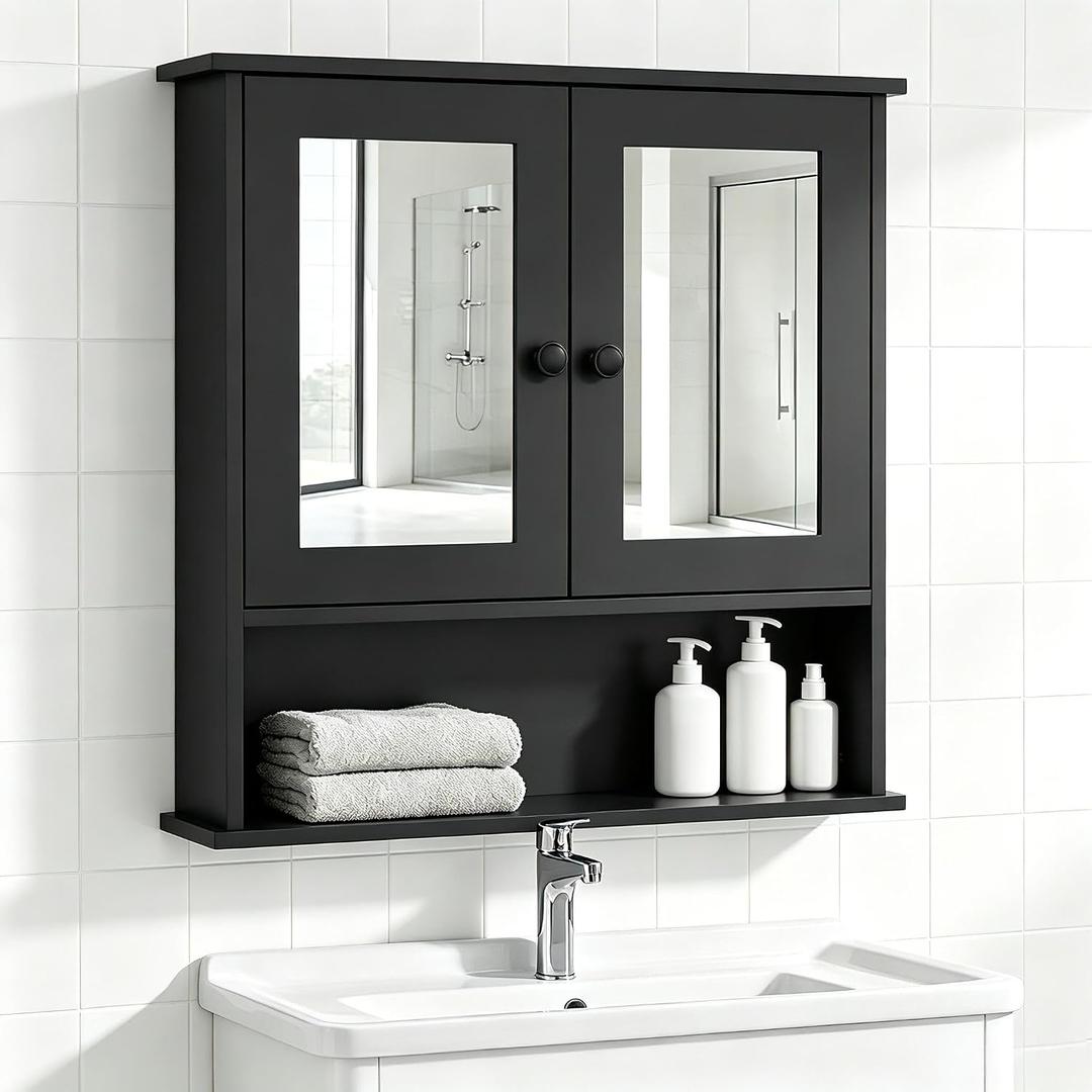 Panana Wall Mounted Bathroom Cabinet Wall Cabinet with 2 Mirrored Doors and Open Compartment, Inner Adjustable Shelf, 22" x 5.1" x 22.8" (Black)