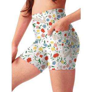 Girls Athletic Biker Shorts 4'' with Pockets, High Waisted Summer Outfit Shorts for Kids Clothes (Medium, Bunny and Flower)