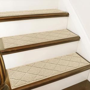 COSY HOMEER Stair Treads for Wooden Steps 9"x28",Washable Non Slip Carpet Stair Treads with Reusable Residue Free Backing Soft Peel and Stick Stair Runner Rugs for Kids Elders Pets, Warm Beige,15pcs